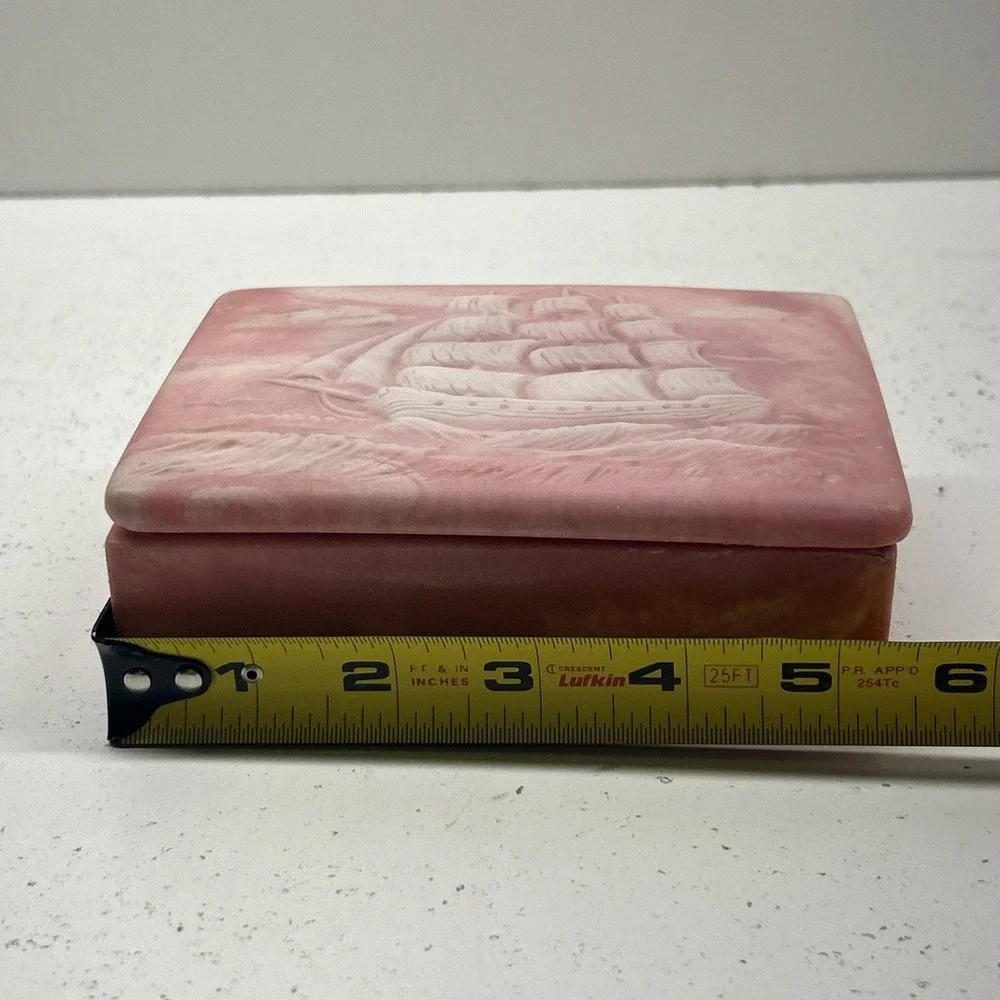 Vintage Pink Soapstone Trinket Box Rectangular Sailing Ship Relief‎